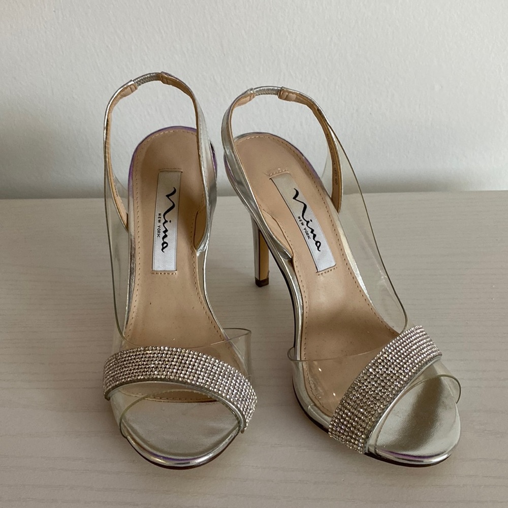 Womens Nima heels, silver with rhinestone detail, size 5